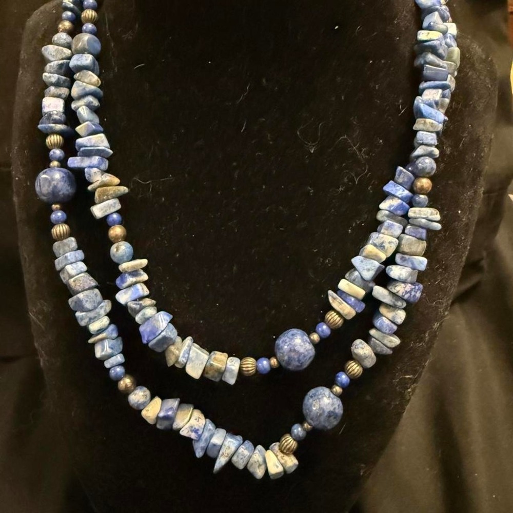 Blue Lapis Lazuli Beaded Necklace with Silver Chain